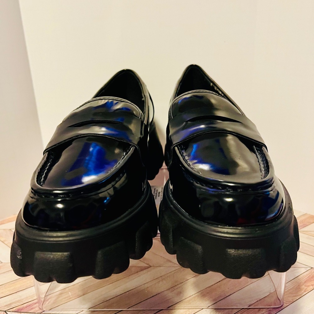 Bar III Paz‎ Penny Loafers Platform Women's 9M Black Patent Leather Lug Preppy - Picture 6 of 9